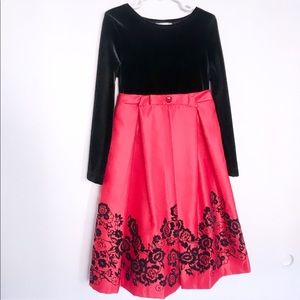 RARE EDITIONS  RED BLACK FLORAL TEA-LENGTH DRESS